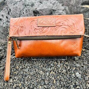 Patricia Nash Brown Tooled Leather Fold over Clutch Wristlet
